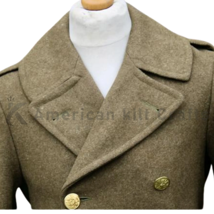 Close-up of men’s heavy wool olive brown greatcoat showing the double-breasted buttons, structured collar, thick wool texture and refined military-style detailing.