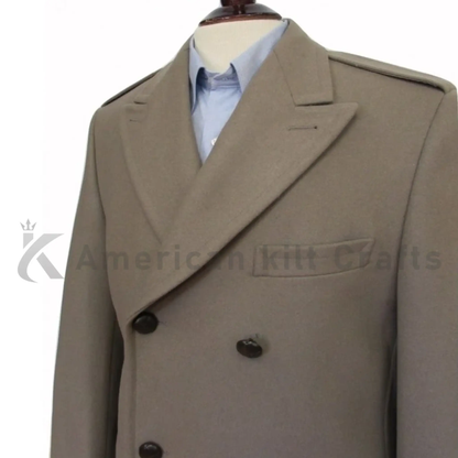 Close-up of men’s heavy wool military overcoat showing the wool texture, double-breasted buttons, lapel, stitching, and tailored details.