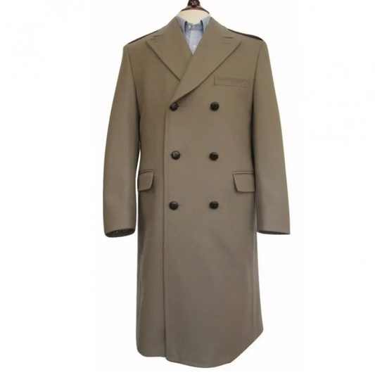 Men’s heavy wool military overcoat front view featuring a British-style double-breasted design, long tailored fit, and classic winter styling.