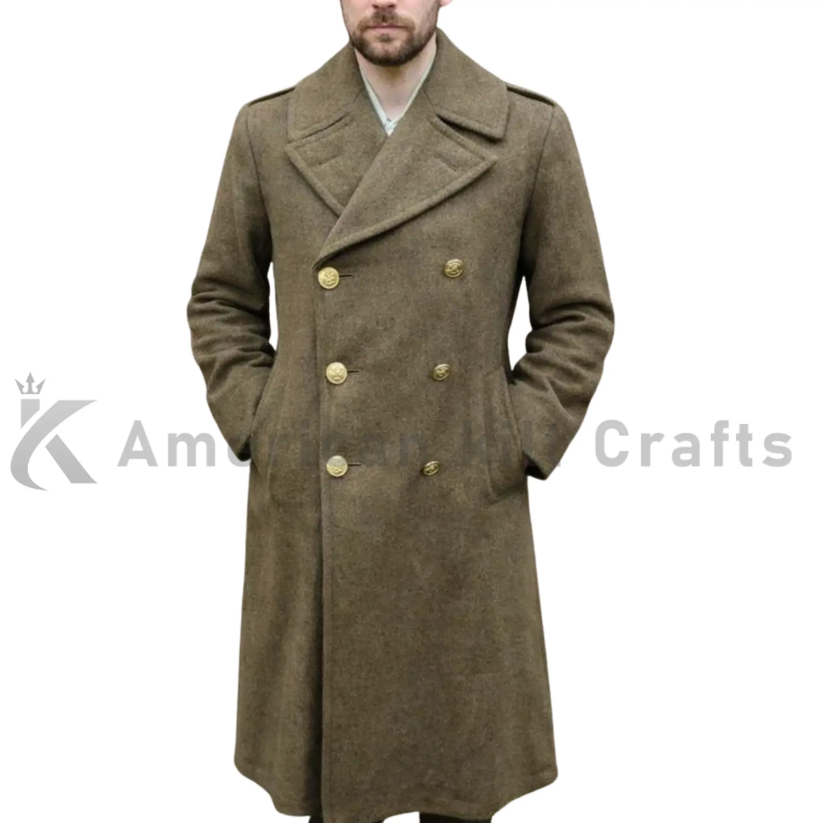 Men’s heavy wool greatcoat front view olive brown featuring a classic double-breasted military design, structured collar and long winter overcoat silhouette.