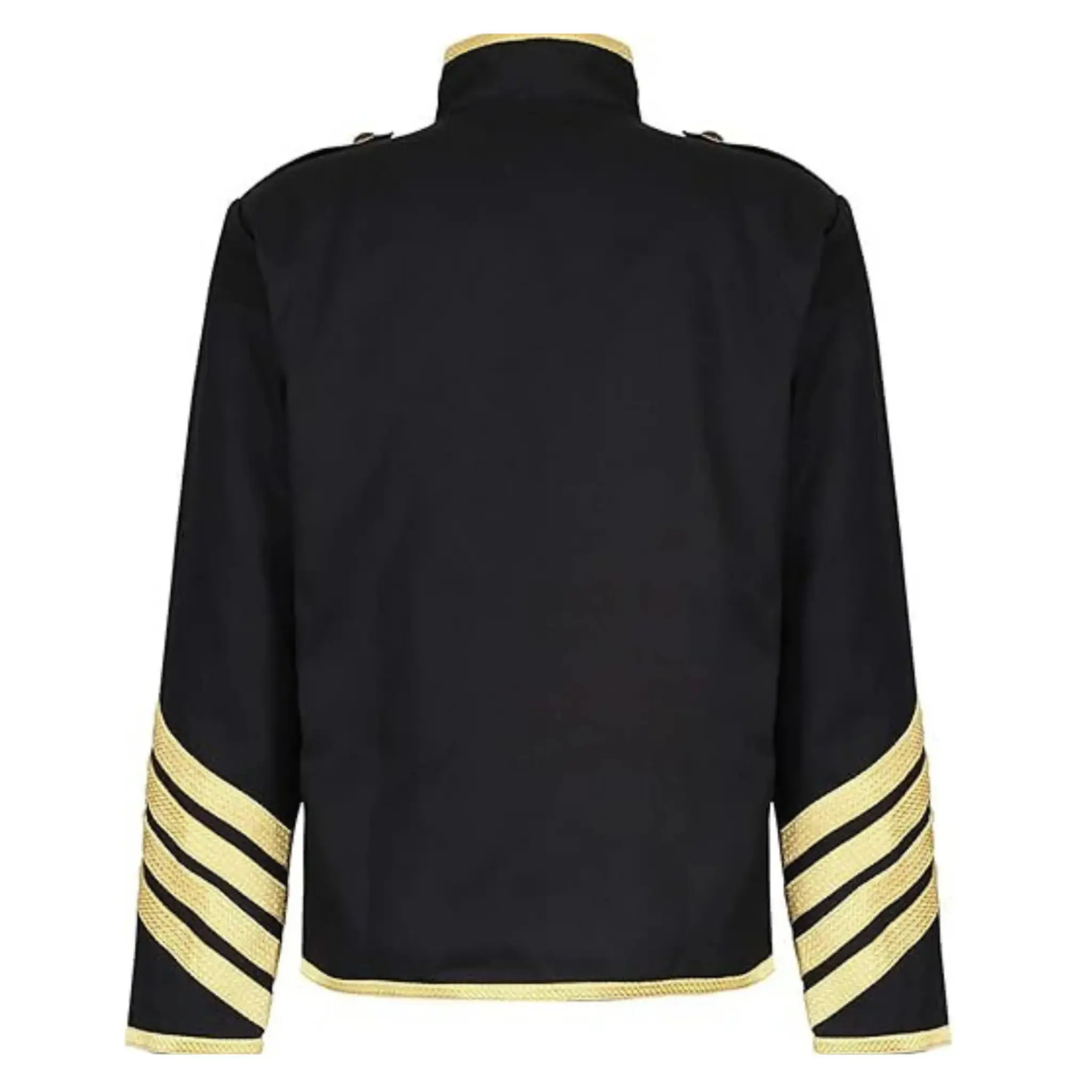 Back view of men’s black Hussar military jacket featuring gold trim, decorative braiding and tailored parade coat design.