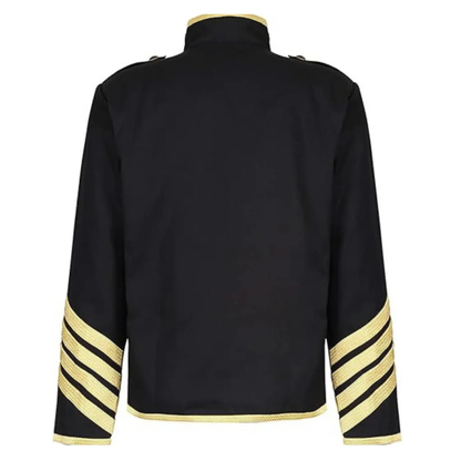 Back view of men’s black Hussar military jacket featuring gold trim, decorative braiding and tailored parade coat design.