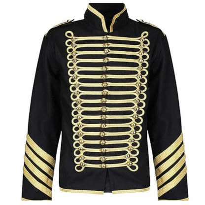 Men’s black and gold Hussar military jacket front view with decorative braided detailing, and gothic steampunk parade styling.
