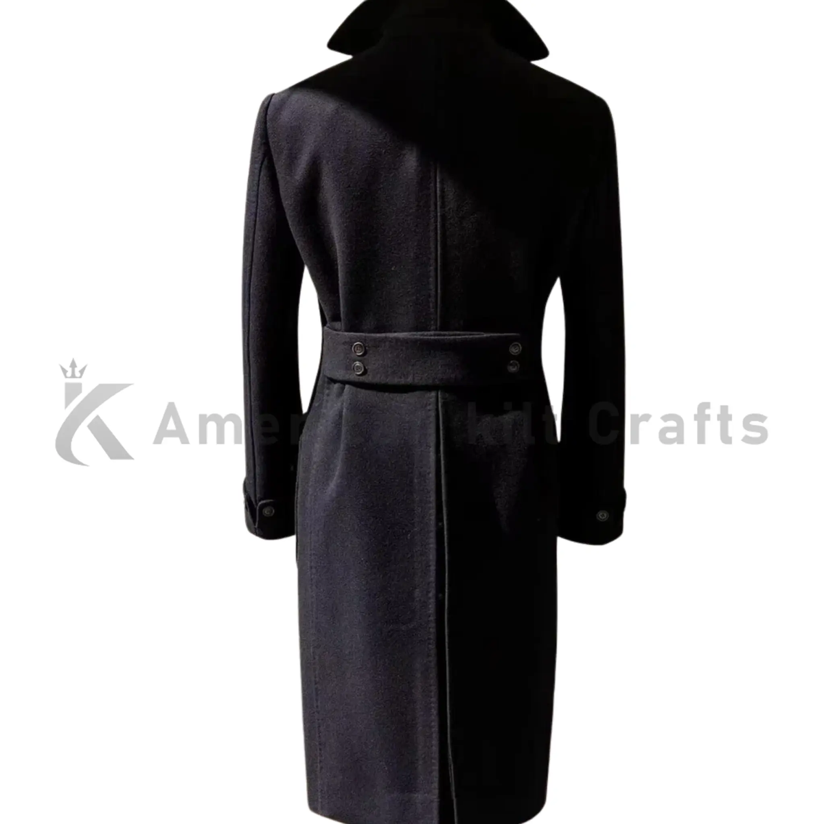 Back view of men’s long black wool overcoat showing the clean tailored silhouette, long length, and elegant winter coat design.