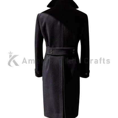 Back view of men’s long black wool overcoat showing the clean tailored silhouette, long length, and elegant winter coat design.