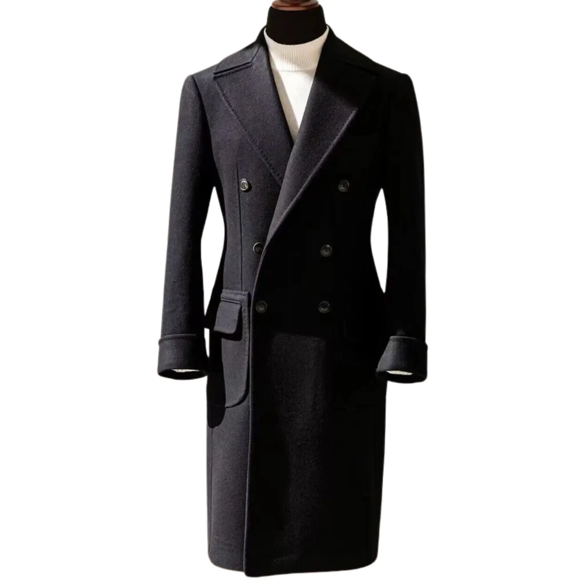 Men’s long black overcoat front view featuring a double-breasted button closure, tailored silhouette, and classic formal design.