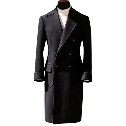 Men’s long black overcoat front view featuring a double-breasted button closure, tailored silhouette, and classic formal design.
