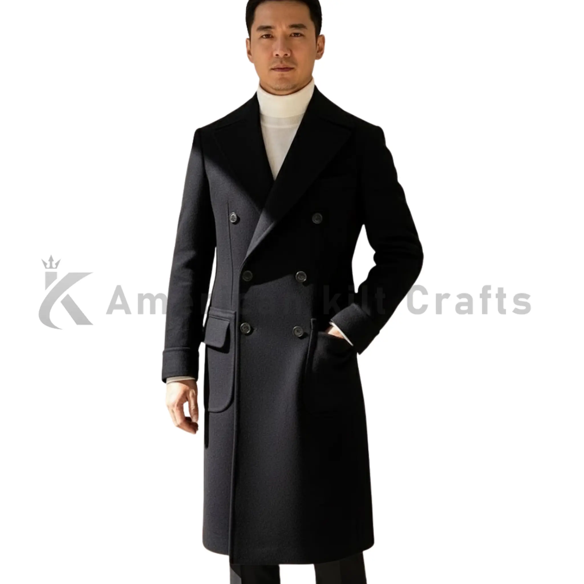 Model wearing men’s long black double-breasted wool overcoat, showing the tailored formal fit and classic business style.