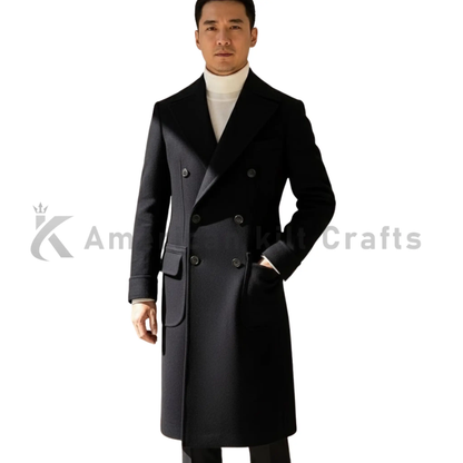 Model wearing men’s long black double-breasted wool overcoat, showing the tailored formal fit and classic business style.