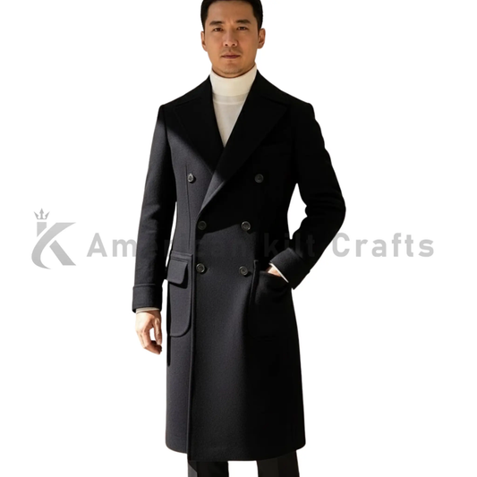 Model wearing men’s long black double-breasted wool overcoat, showing the tailored formal fit and classic business style.