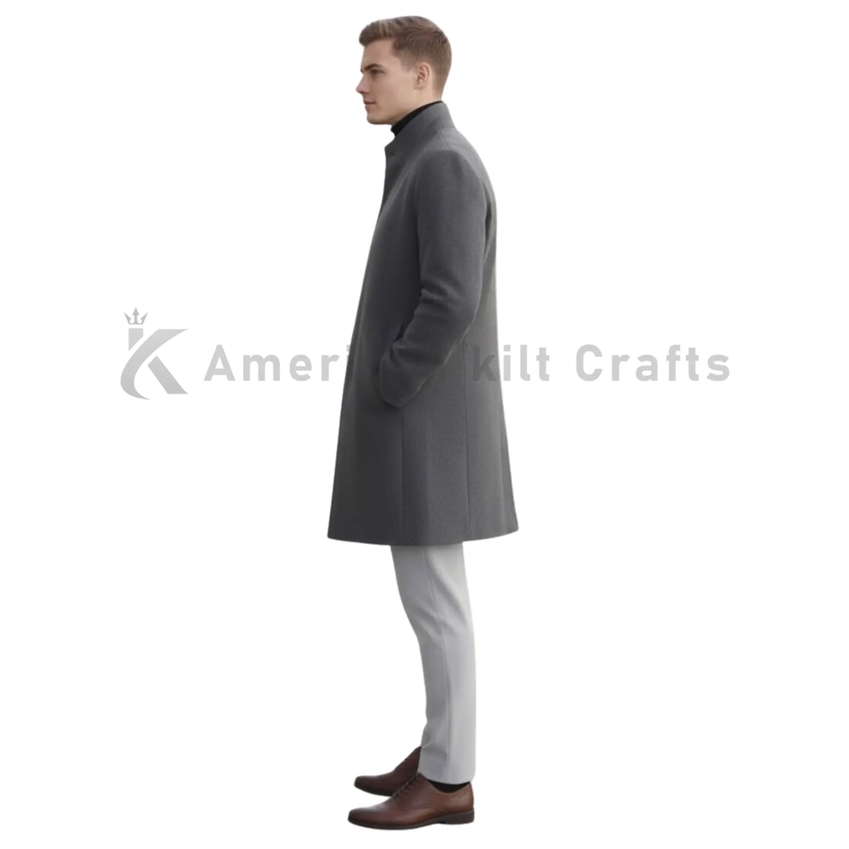 Side view of men’s premium long wool overcoat featuring a structured tailored fit and full-length classic business coat silhouette.