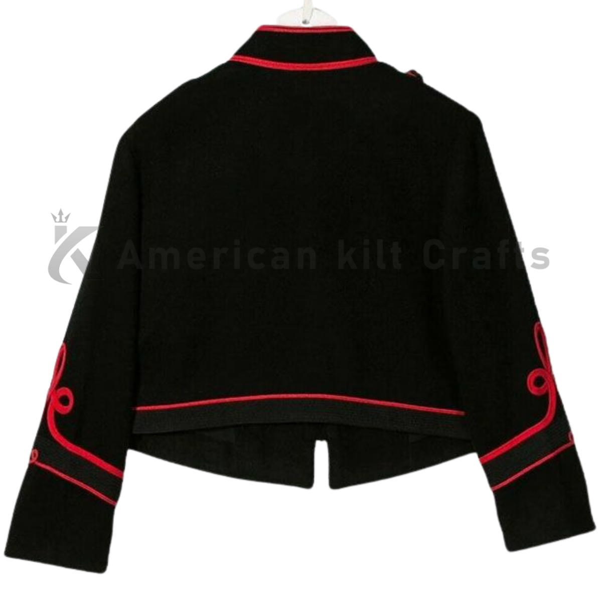 Back view of a men’s black military band jacket made from wool with tailored construction and elegant red trim.