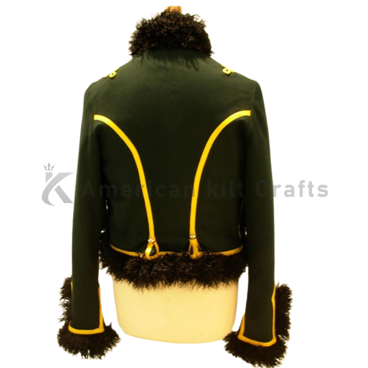 Back view of men’s heavy wool Napoleonic Hussar Dolman jacket with a structured military uniform design.