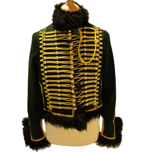 Front view of men’s heavy wool military Dolman jacket with Napoleonic Hussar braiding and parade uniform details.