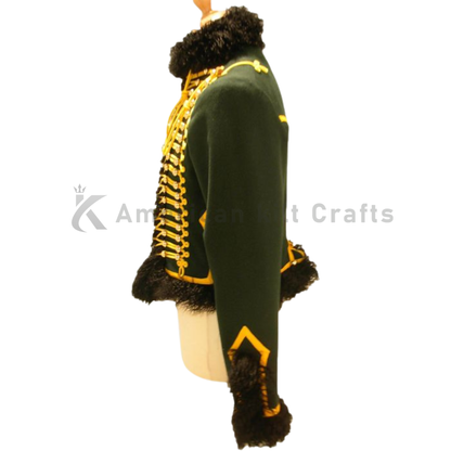 Side view of men’s military Dolman jacket featuring heavy wool construction and Napoleonic Hussar styling.