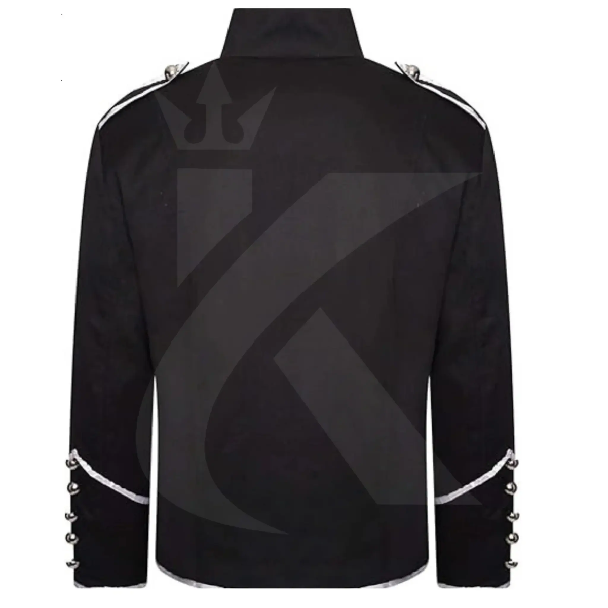 Back view of men’s military parade jacket showing the tailored silhouette and gothic steampunk band leader styling.