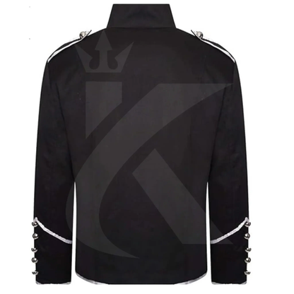 Back view of men’s military parade jacket showing the tailored silhouette and gothic steampunk band leader styling.