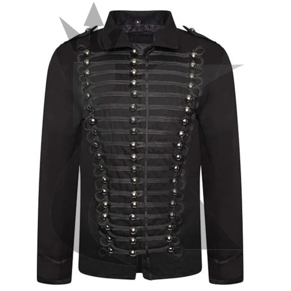 Front view of a men’s military parade jacket featuring Gothic steampunk styling, decorative braiding, and a structured Hussar design.