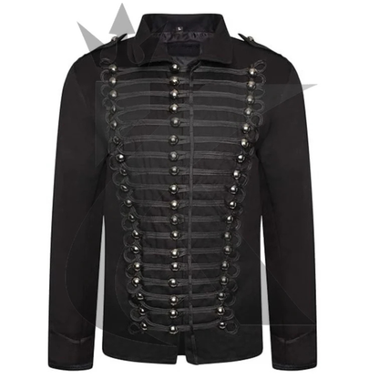 Front view of a men’s military parade jacket featuring Gothic steampunk styling, decorative braiding, and a structured Hussar design.