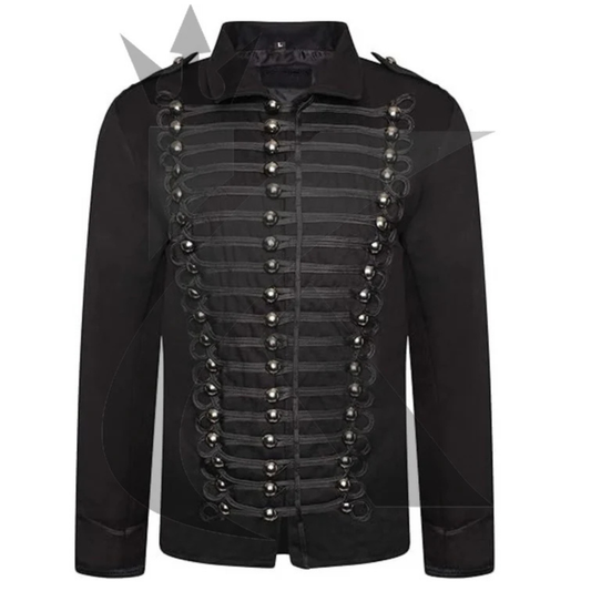 Front view of a men’s military parade jacket featuring Gothic steampunk styling, decorative braiding, and a structured Hussar design.