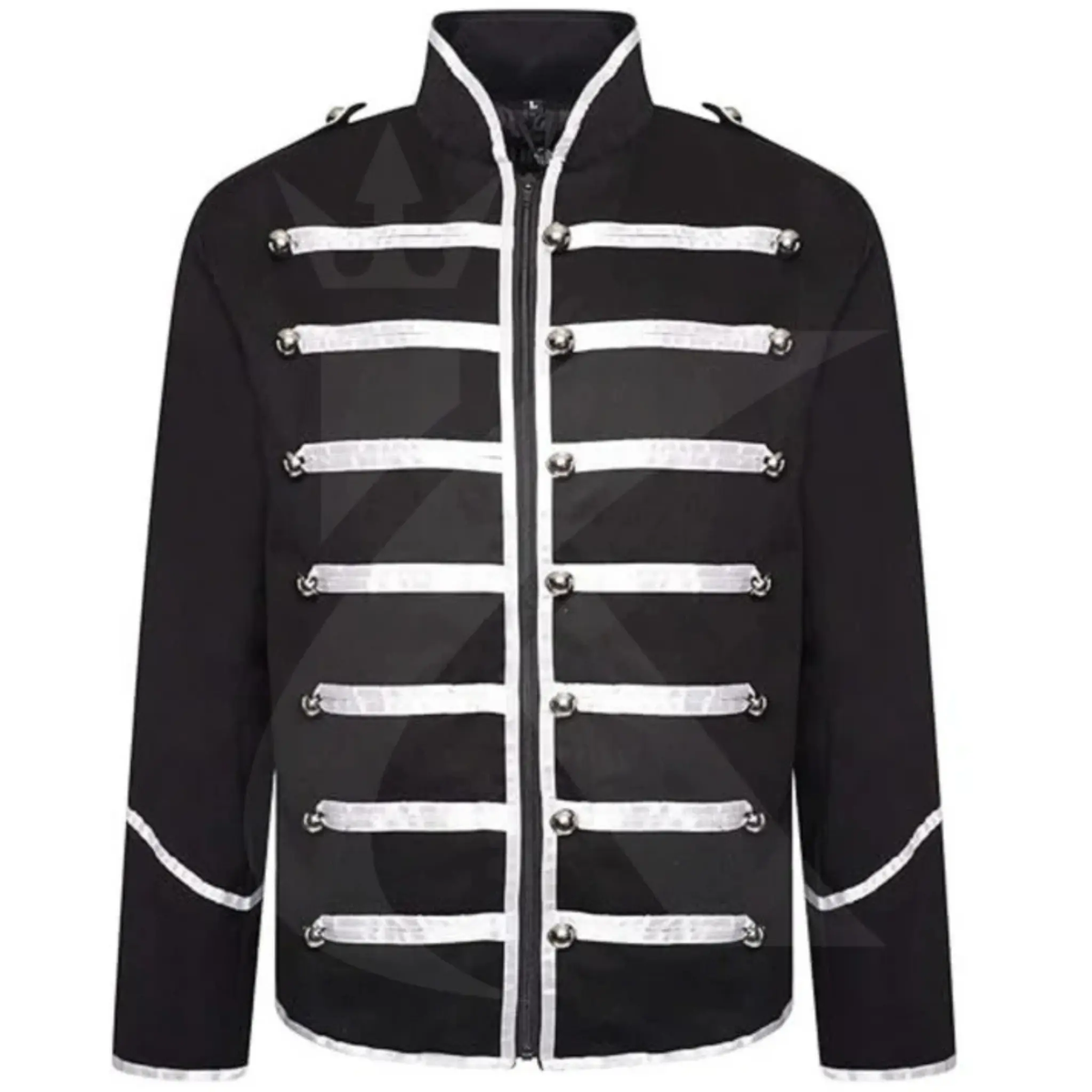 Men’s military parade jacket front view featuring gothic steampunk styling, decorative details, and band leader coat design.