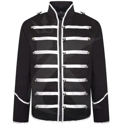 Men’s military parade jacket front view featuring gothic steampunk styling, decorative details, and band leader coat design.