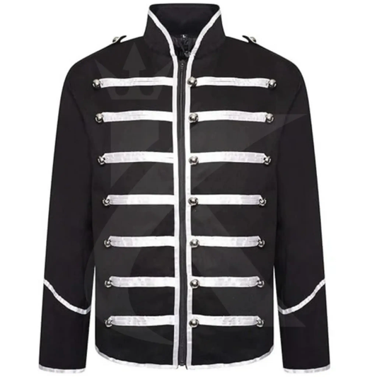 Men’s military parade jacket front view featuring gothic steampunk styling, decorative details, and band leader coat design.