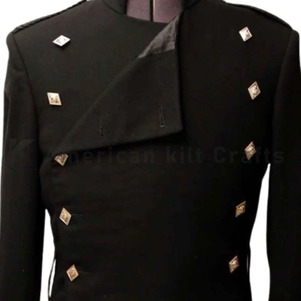 Close-up of men’s Montrose doublet wool jacket showing the collar, decorative buttons, tailored wool construction and traditional Scottish detailing.