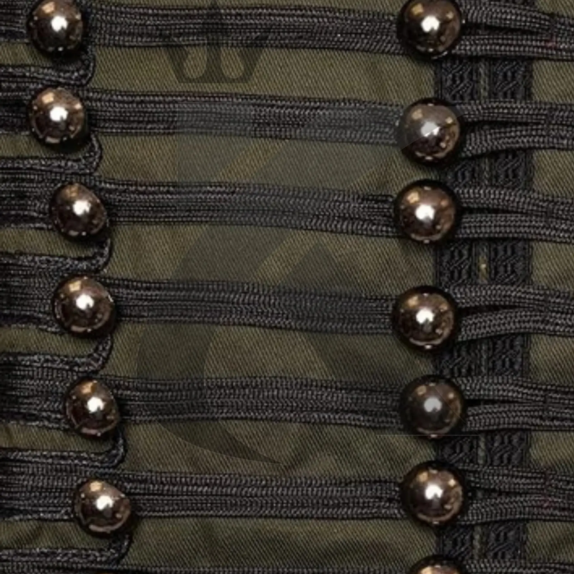 Close-up of embroidered details, decorative buttons, and military-inspired trim on a men’s Napoleon steampunk jacket.