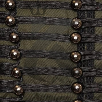 Close-up of embroidered details, decorative buttons, and military-inspired trim on a men’s Napoleon steampunk jacket.