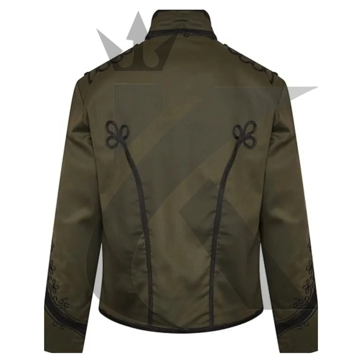 Back view of men’s Napoleon military jacket showing the tailored silhouette, embroidered detailing, and gothic steampunk design.