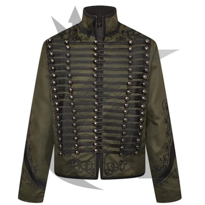 Men’s Napoleon military jacket front view featuring gothic steampunk styling, embroidered details, decorative buttons, and tailored coat design.