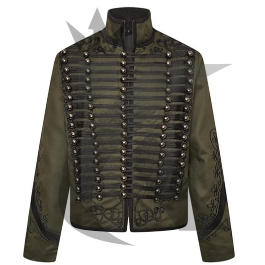 Men’s Napoleon military jacket front view featuring gothic steampunk styling, embroidered details, decorative buttons, and tailored coat design.
