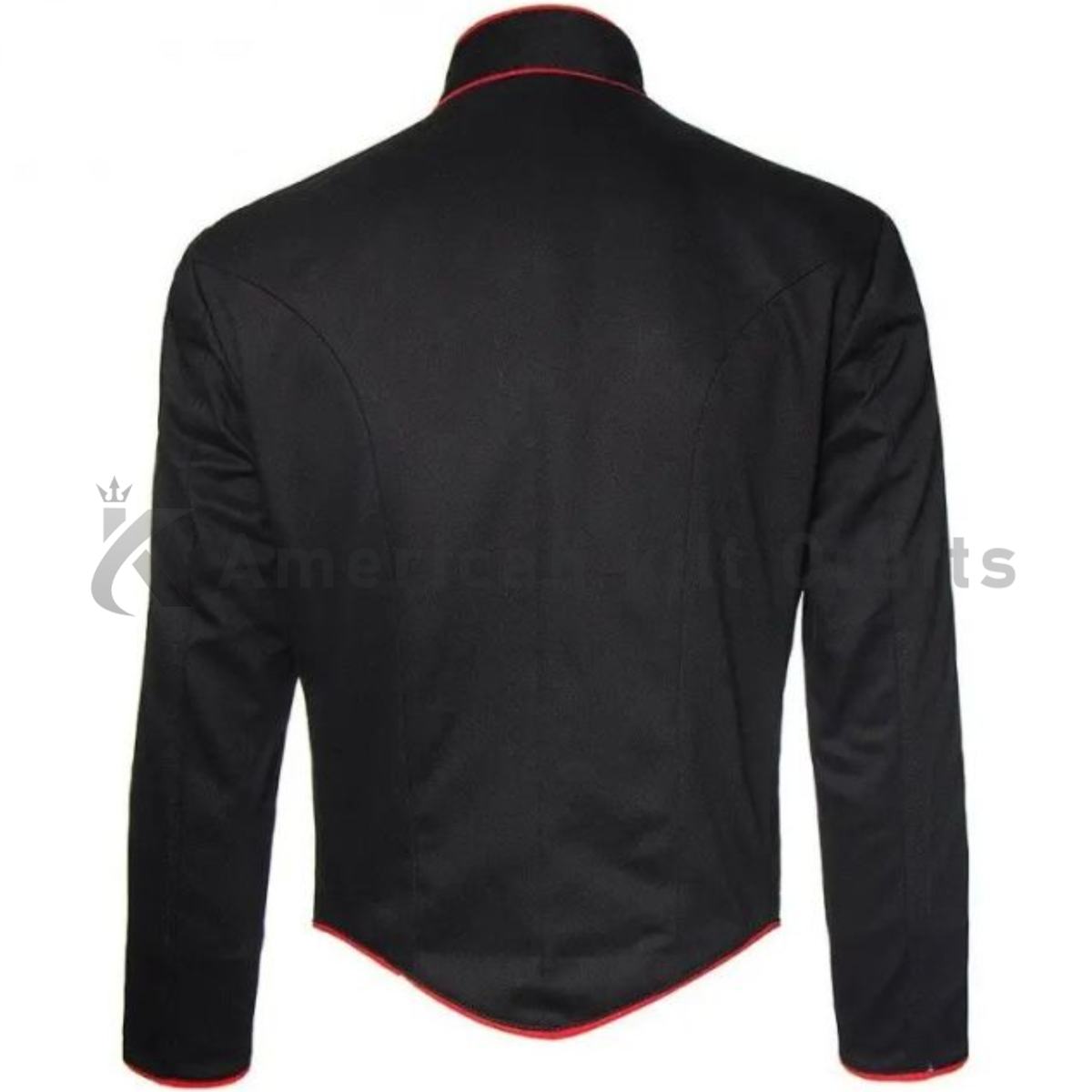 Back view of a men’s black Hussar-style military jacket showing its structured Napoleonic design and tailored fit.