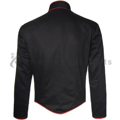 Back view of a men’s black Hussar-style military jacket showing its structured Napoleonic design and tailored fit.