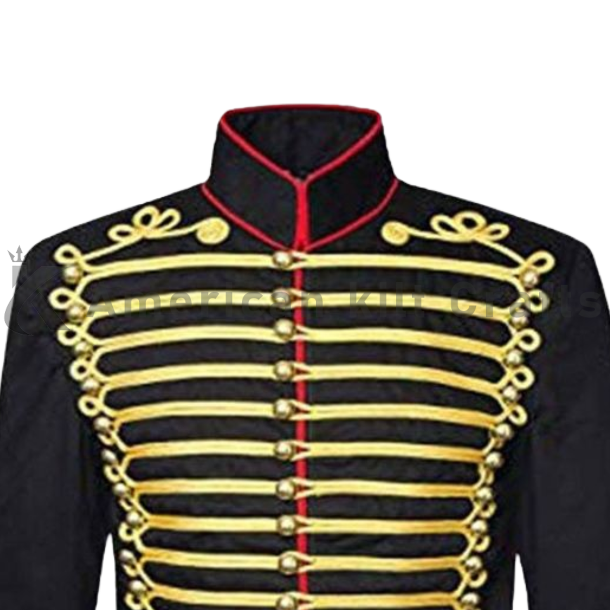 Close-up of ornate gold braid embroidery, decorative buttons and fine detailing on the black Napoleonic military jacket.