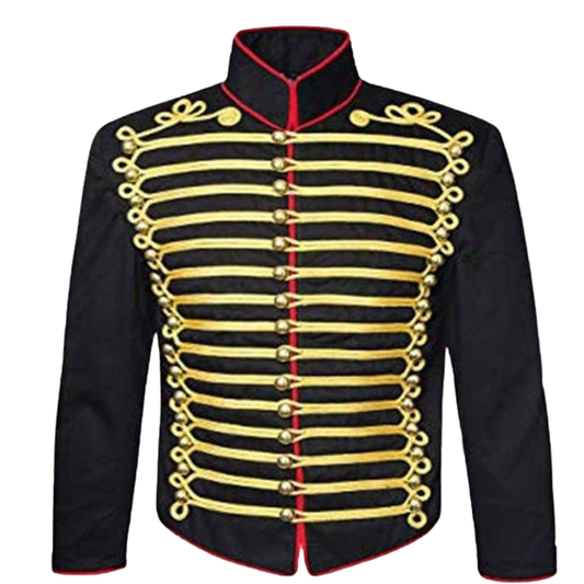 Front view of a men’s black Napoleonic Hussar military jacket with detailed gold embroidery and decorative buttons.