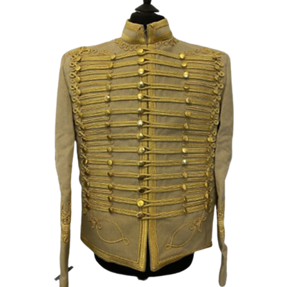 Front view of a men’s Napoleonic Hussar military jacket featuring ornate gold braiding, decorative buttons, and heavy wool construction.