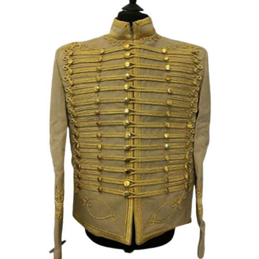 Front view of a men’s Napoleonic Hussar military jacket featuring ornate gold braiding, decorative buttons, and heavy wool construction.