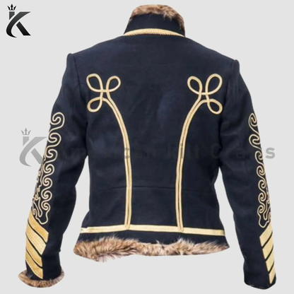 Back view of men’s black Napoleonic Hussar military jacket showing the structured heavy wool silhouette and traditional cavalry uniform styling.