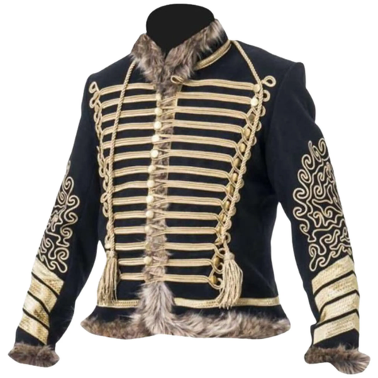 Men’s black Napoleonic Hussar military jacket front view featuring heavy wool fabric, ornate gold braiding, and brass buttons.