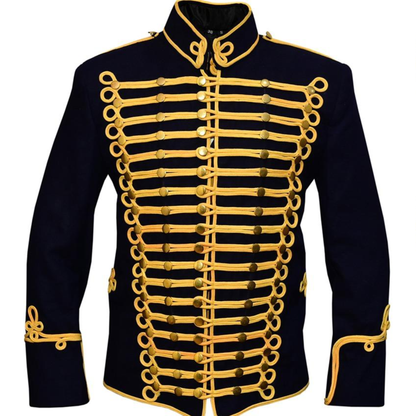 Front view of a men’s navy blue braided Hussar military jacket designed for professional drum and bugle uniforms.