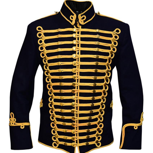 Front view of a men’s navy blue braided Hussar military jacket designed for professional drum and bugle uniforms.
