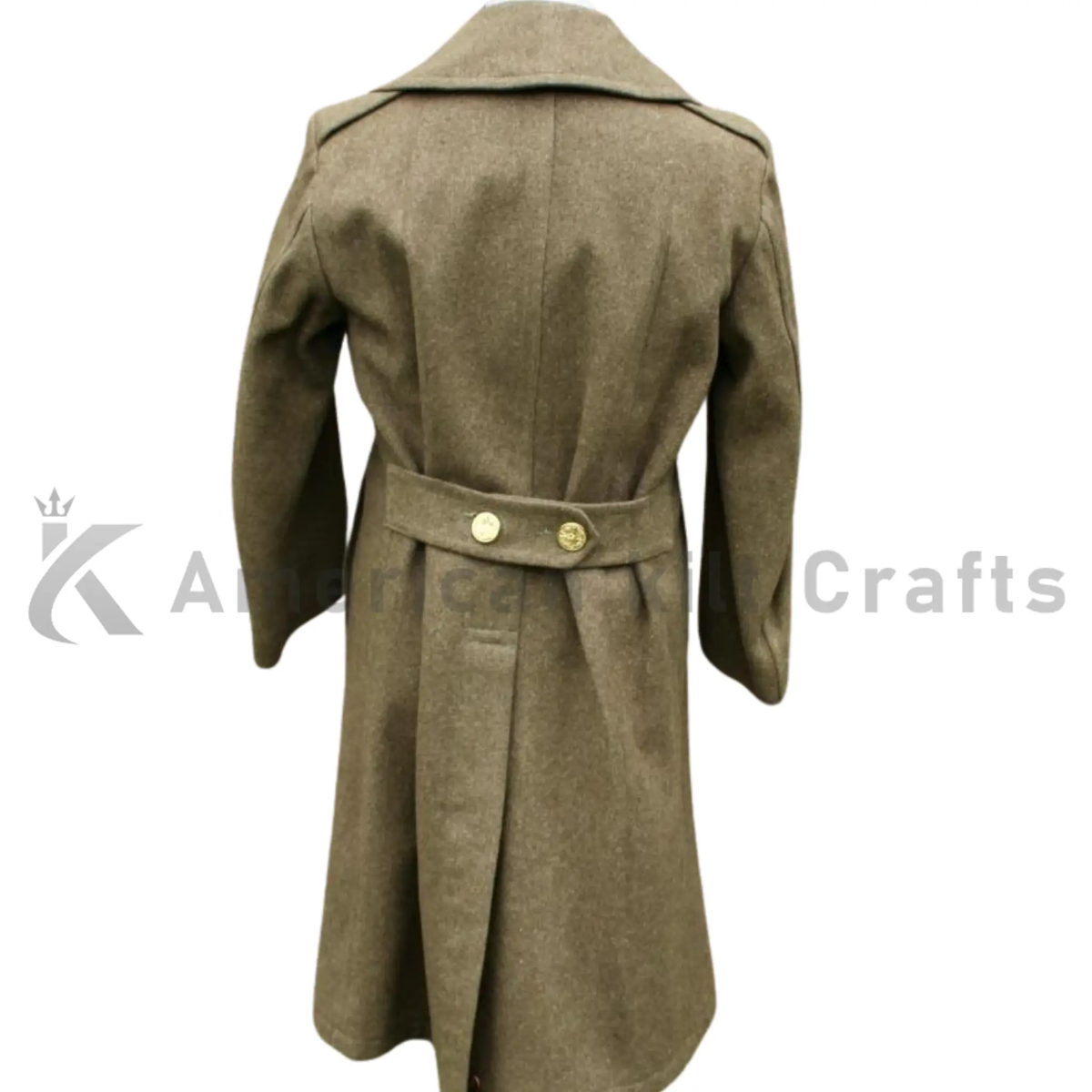 Back view of olive brown men’s heavy wool greatcoat showing the long tailored cut, structured shoulders and classic military-inspired winter overcoat design.