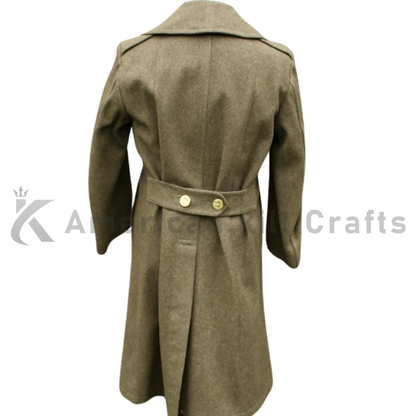 Back view of olive brown men’s heavy wool greatcoat showing the long tailored cut, structured shoulders and classic military-inspired winter overcoat design.