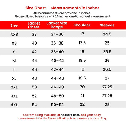 Men's olive green military officer greatcoat size chart with chest shoulder sleeve and coat length measurements.
