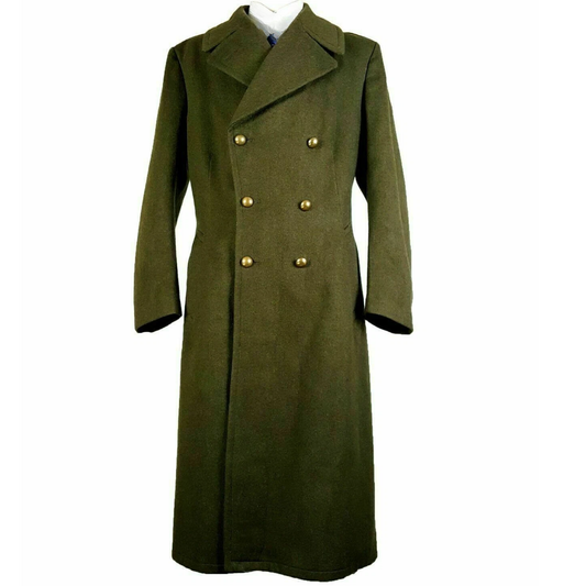 Men's olive green military officer greatcoat full length wool winter coat front view.