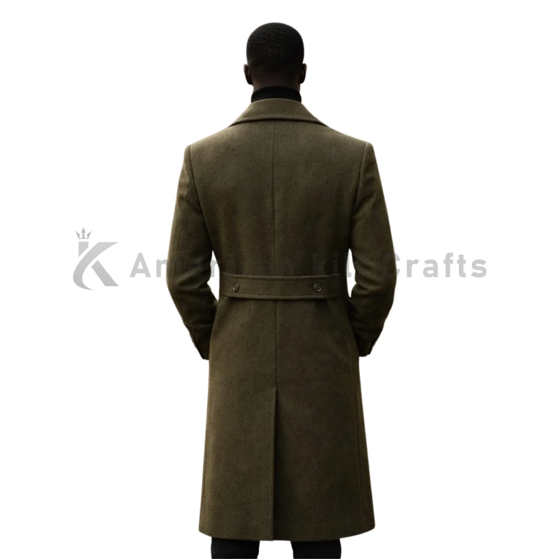 Back view of men's olive green wool greatcoat showing the long tailored overcoat silhouette and military-inspired construction.