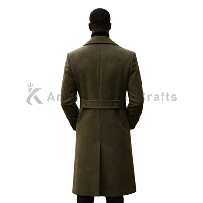 Back view of men's olive green wool greatcoat showing the long tailored overcoat silhouette and military-inspired construction.