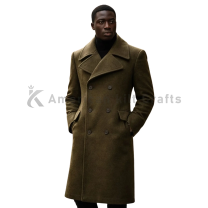 Men’s olive green wool greatcoat front view double breasted long military style winter overcoat